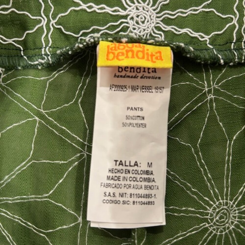 Agua Bendita Green Wide-Leg Pants with White Geometric Floral Embroidery - Picture 6 of 7